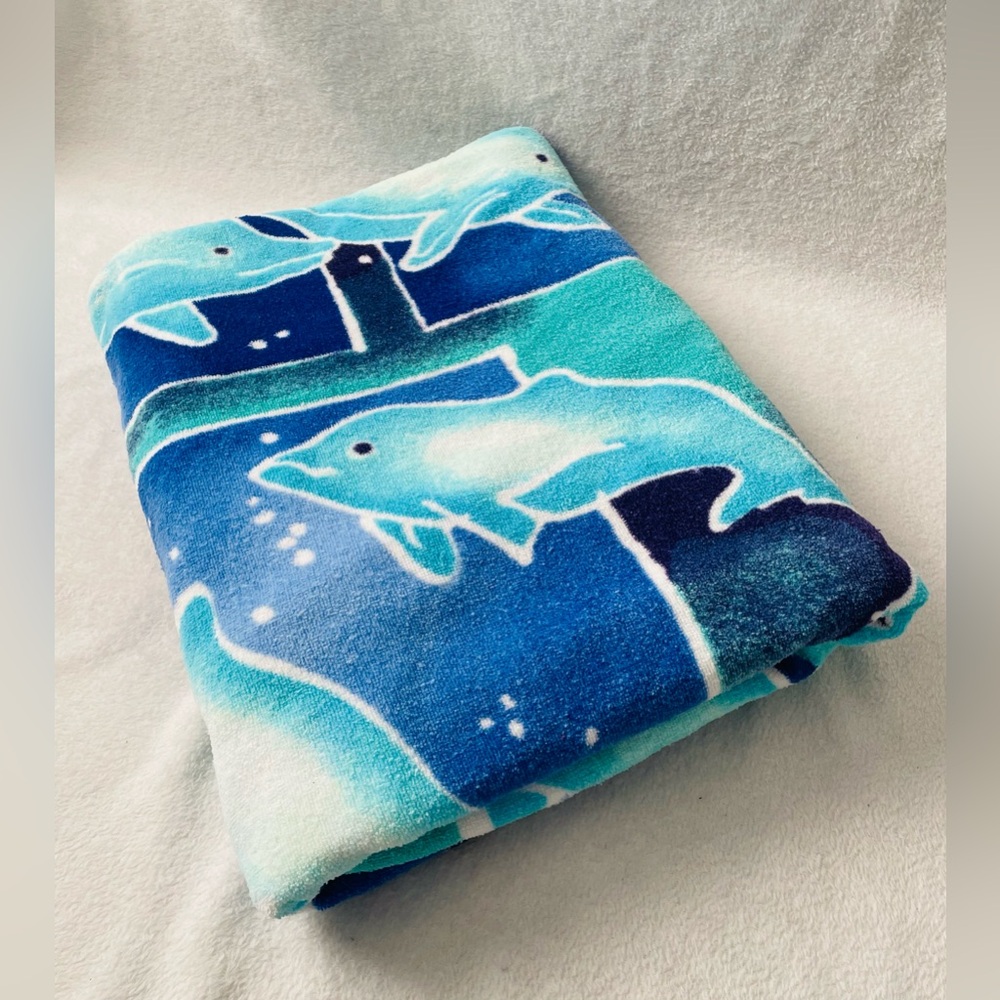 Summer Stock Vintage Beach Towel Blue Dolphins 64x36" Cotton Coastal Maritime